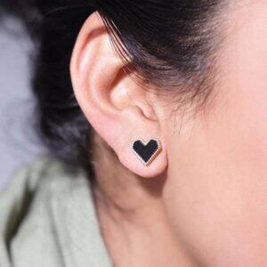 IRAMAT Gold Heart Stud Earrings - Elegant Black Heart Earrings for Women
